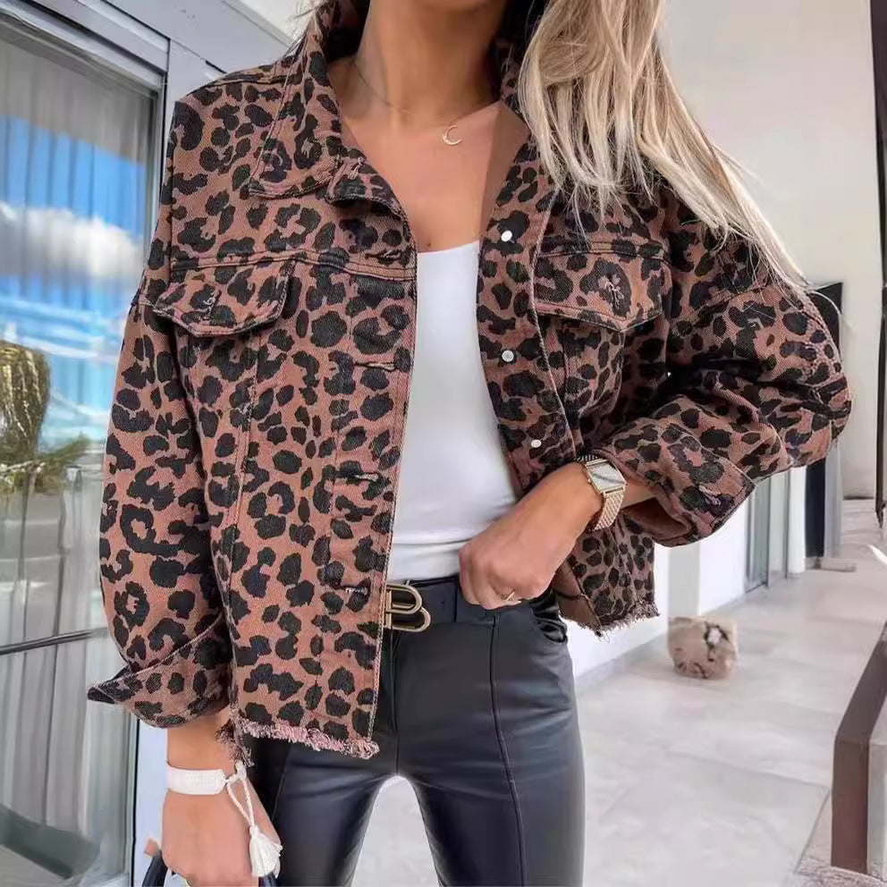 Sunzel Womens Leopard Denim Jacket Cropped Jean Jacket Button Down Trucker Coat Pocket Smoothing Casual Fall Jacket