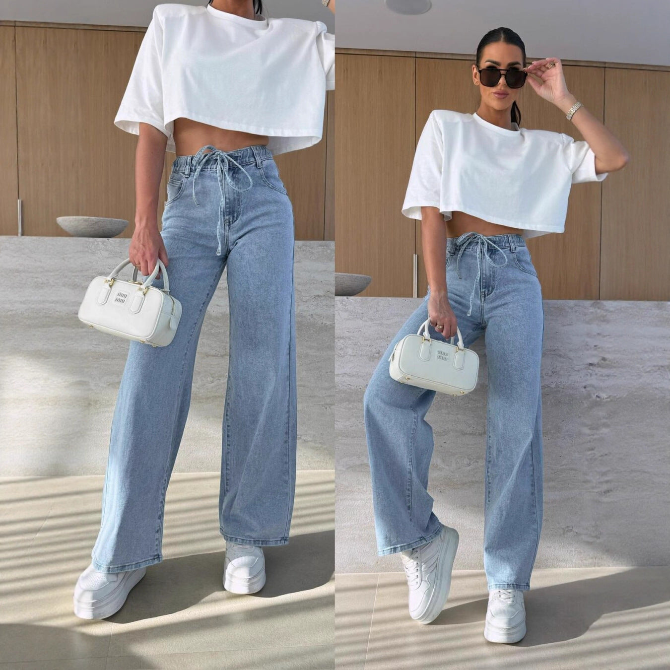 Sunzel Womens Drawstring Wide Leg Jeans High Waisted Denim Pants Elastic Waist Pocket Smoothing Casual Travel Jeans