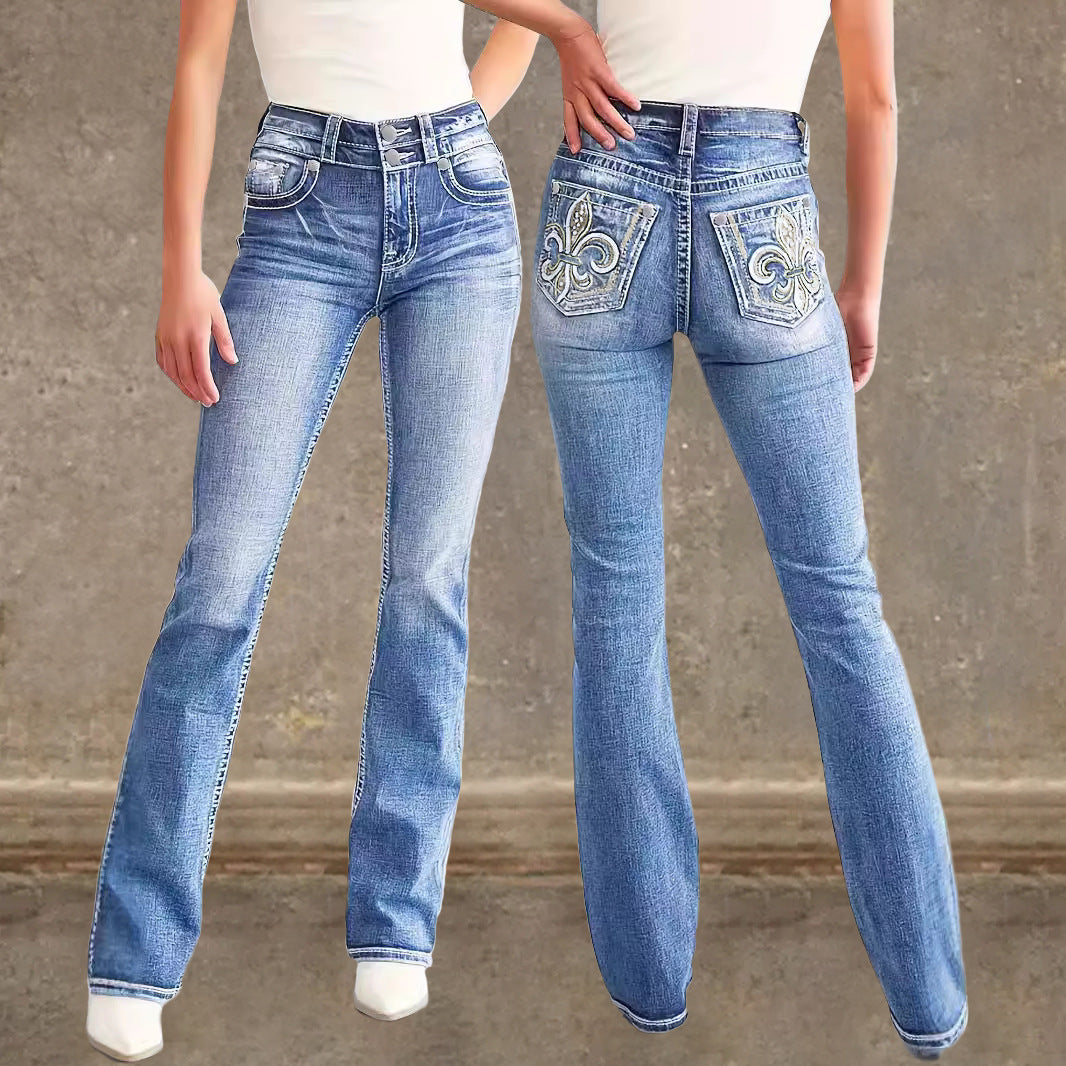 Sunzel Womens Embroidered Flare Jeans High Waisted Stretch Denim Pants Double Button Pocket Smoothing Western Bootcut Jeans