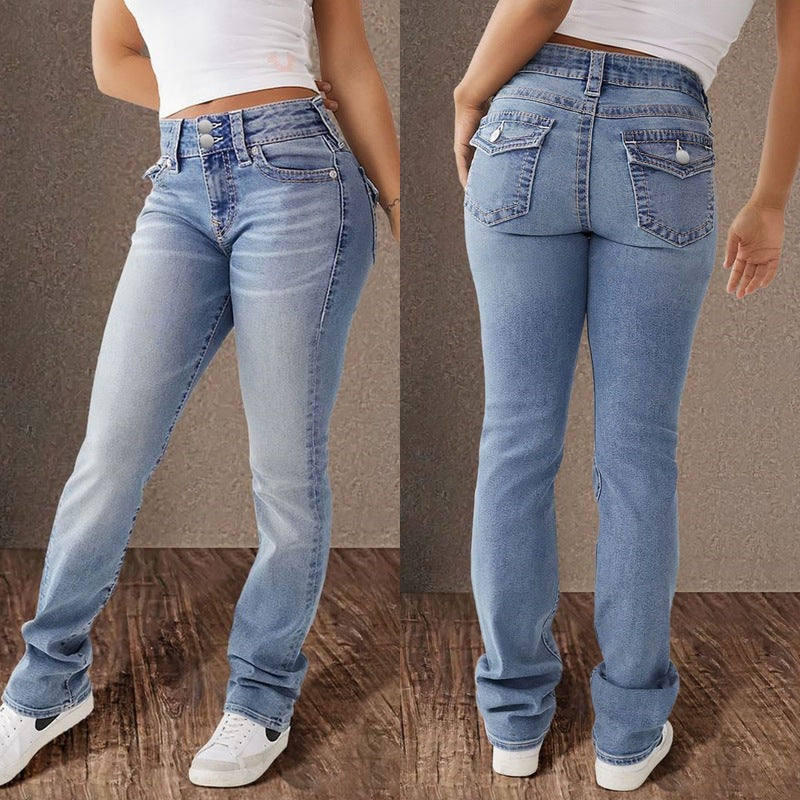 Sunzel Womens Straight Leg Jeans Mid Waist Denim Pants Double Button Pocket Smoothing Slim Casual Fall Winter Long Jeans