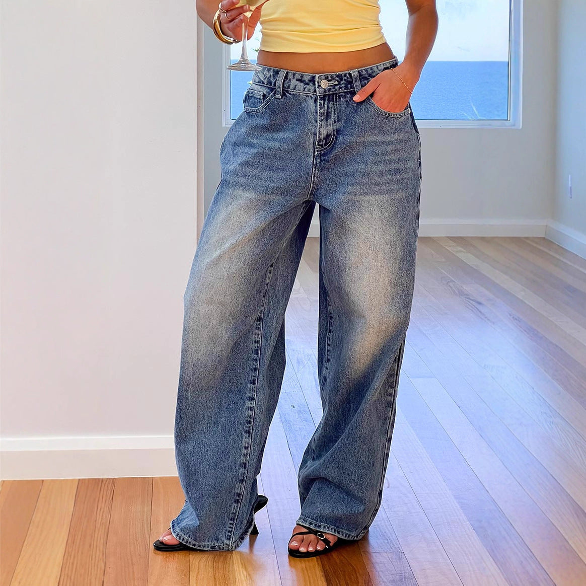 Sunzel Womens Heart Pocket Baggy Jeans High Waisted Wide Leg Denim Pants Smoothing Casual Y2K Vintage Going Out Jeans