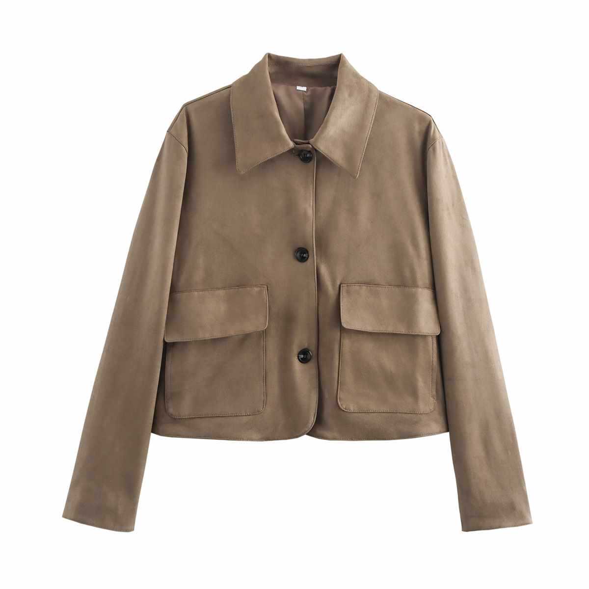 Sunzel Women's Cropped Faux Suede Jacket, Spread Collar Single Breasted Button Front Lined Outerwear with Flap Pockets