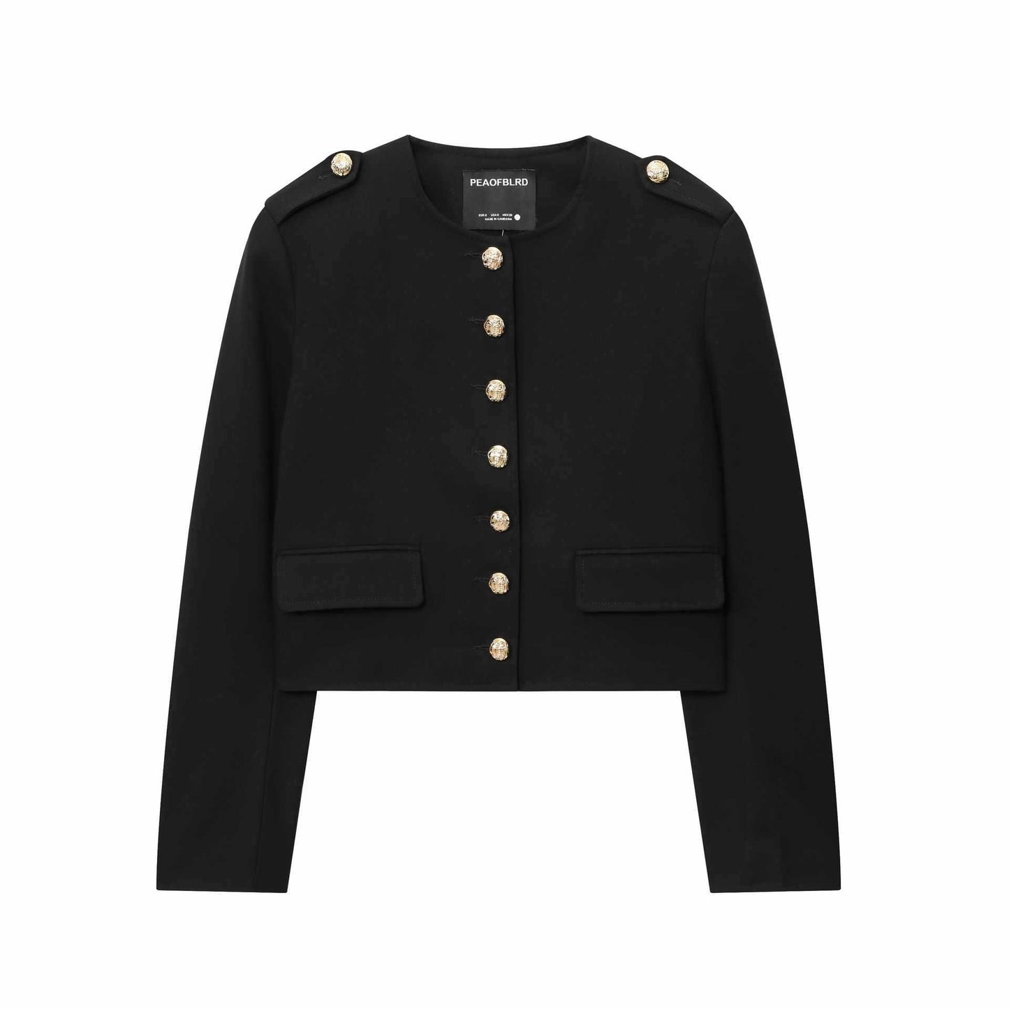 Sunzel Womens Cropped Military Jacket Collarless Gold Button Epaulette Smoothing Short Black Blazer with Pockets for Fall