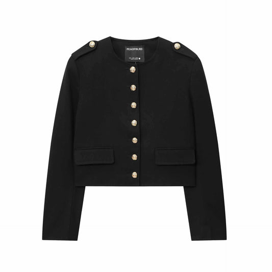 Sunzel Womens Cropped Military Jacket Collarless Gold Button Epaulette Smoothing Short Black Blazer with Pockets for Fall