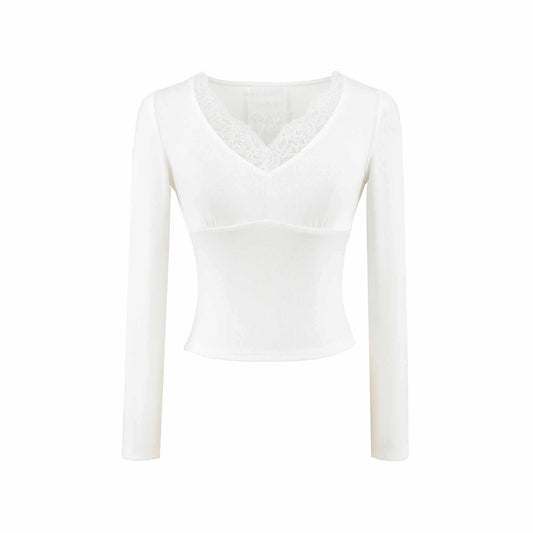Sunzel Womens Lace Trim V Neck Tops Long Sleeve Fitted Shirt Smoothing Going Out Spring Summer Dressy Casual Blouse