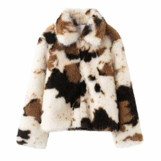 Sunzel Womens Faux Fur Coat Cow Print Cropped Jacket Stand Collar Long Sleeve Smoothing Fall Winter Outerwear with Pockets