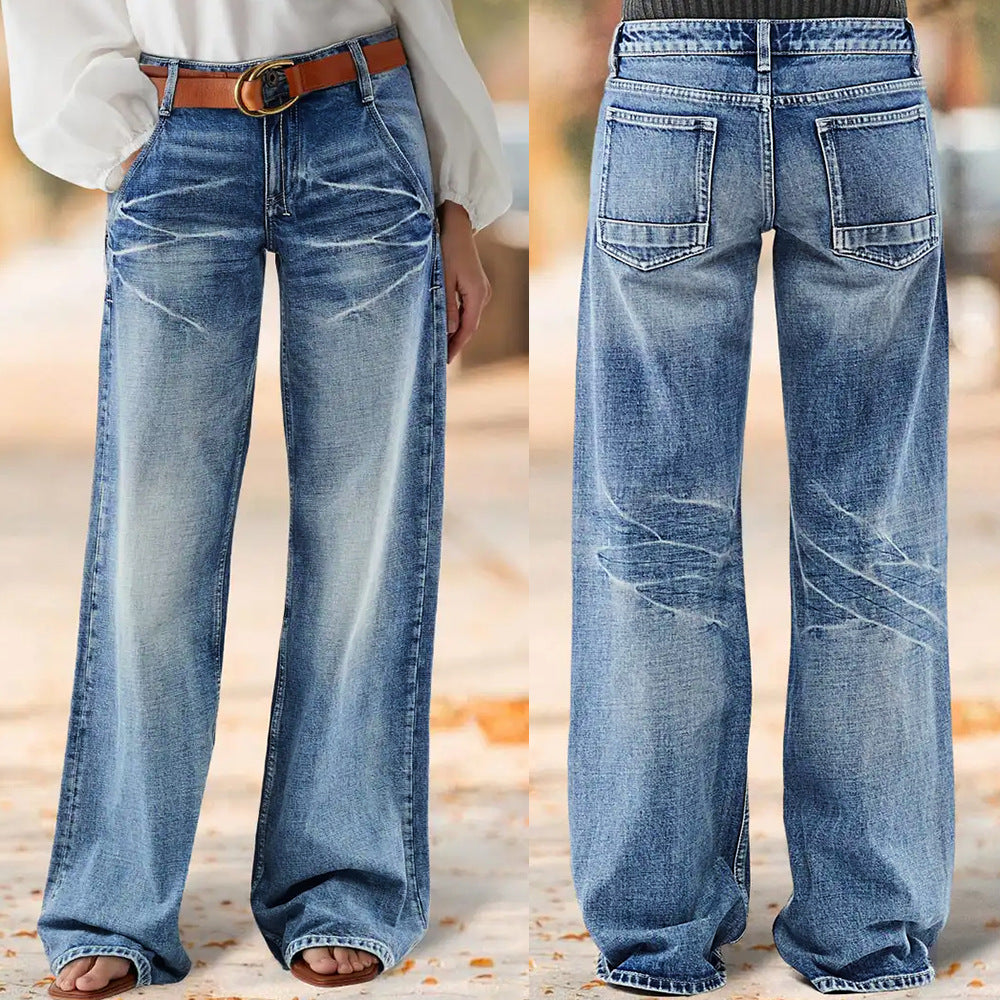 Sunzel Womens Whisker Wide Leg Jeans High Waisted Denim Pants Pocket Smoothing Loose Vintage Baggy Long Jeans
