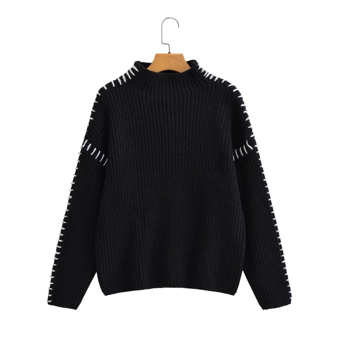 Sunzel Womens Sweater Coat Crew Neck Chunky Knit Pullover Contrast Stitch Long Sleeve Fall Winter Casual Warm Top