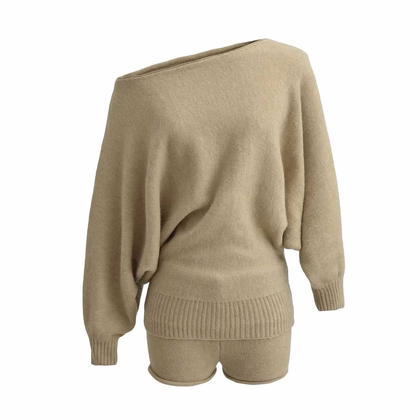 Sunzel Womens Two Piece Lounge Set Off Shoulder Knit Sweater Top High Waist Shorts Batwing Sleeve Fall Winter Outfit