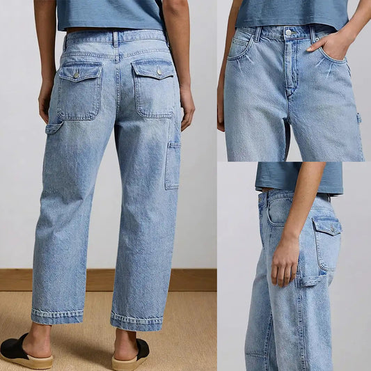 Sunzel Womens Cropped Cargo Jeans High Waisted Barrel Denim Pants Multi Pocket Smoothing Casual Utility Jeans