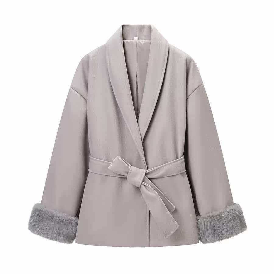 Sunzel Women's Faux Fur Trim Belted Wrap Coat, Shawl Collar Wool-Touch Winter Long Outerwear Open Front with Pockets
