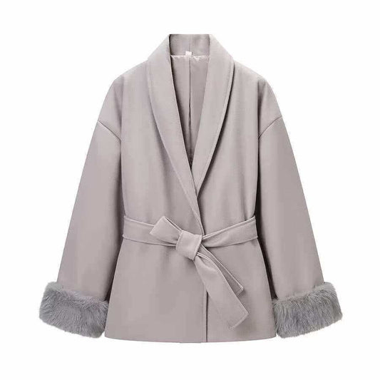 Sunzel Women's Faux Fur Trim Belted Wrap Coat, Shawl Collar Wool-Touch Winter Long Outerwear Open Front with Pockets