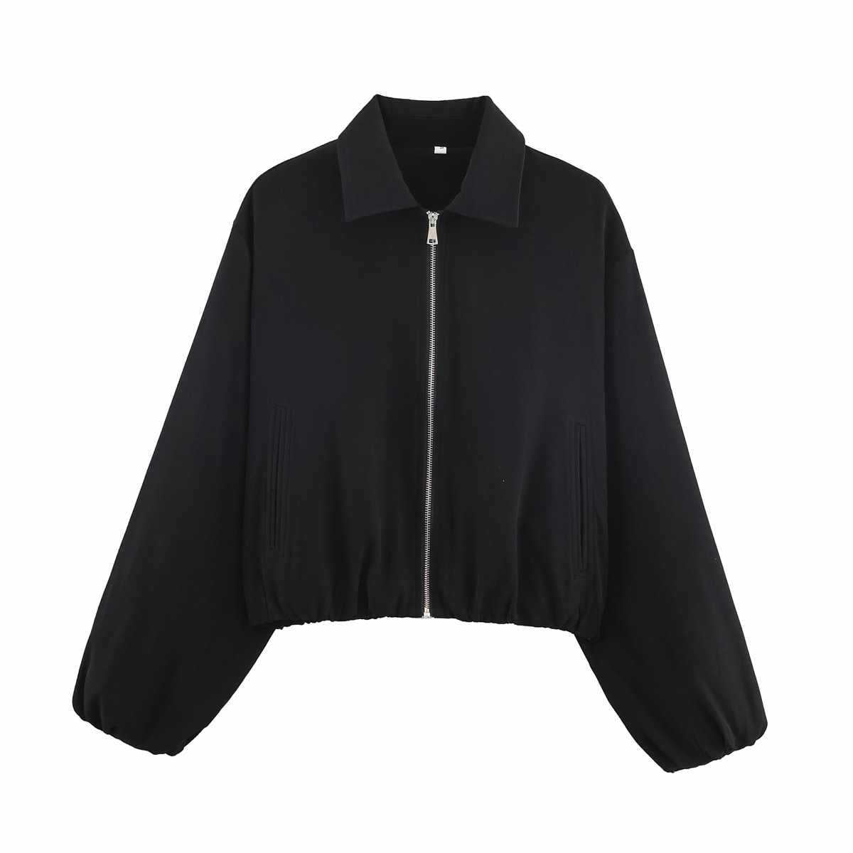 Sunzel Women's Cropped Full Zip Bomber Jacket, Turn-Down Collar Balloon Sleeve Elasticized Hem Outerwear with Pockets