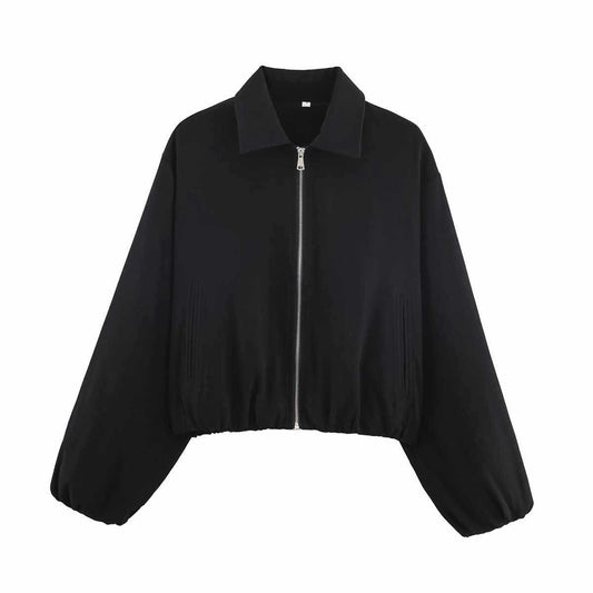 Sunzel Women's Cropped Full Zip Bomber Jacket, Turn-Down Collar Balloon Sleeve Elasticized Hem Outerwear with Pockets