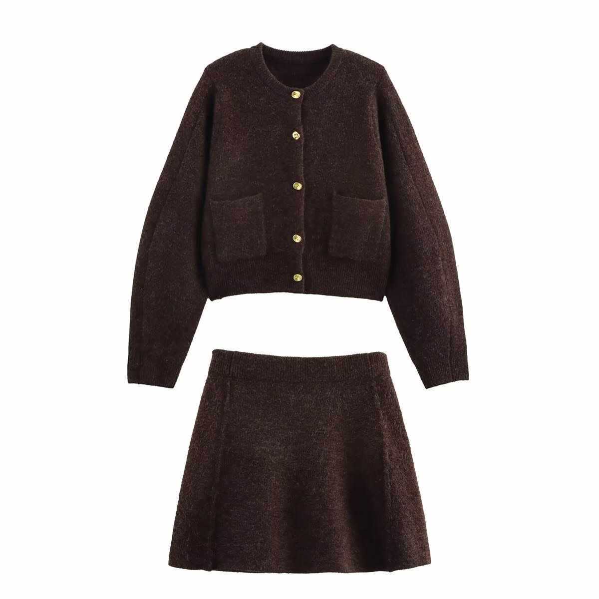 Sunzel Womens Knit Matching Outfit Patch Pocket Cardigan and Stitched Mini Skirt Set Long Sleeve Fall Winter Dressy Casual Suit