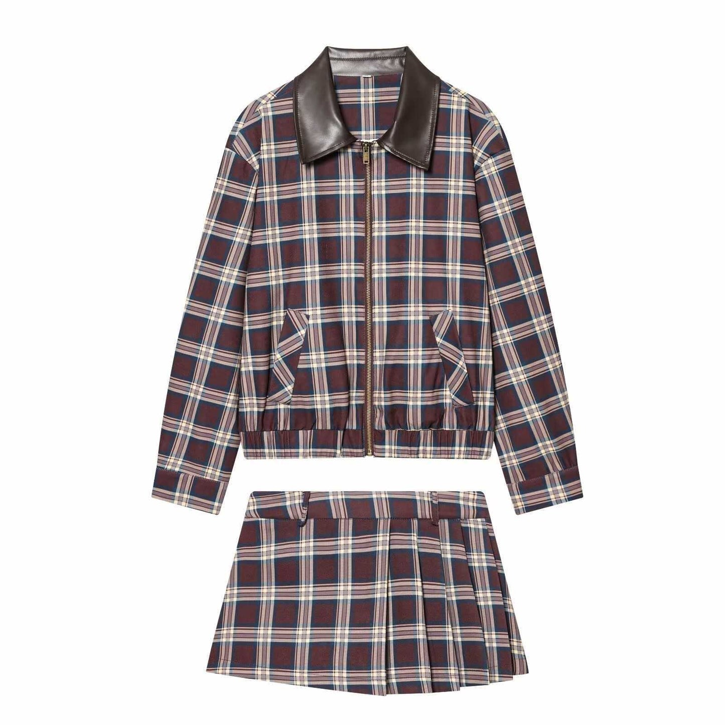 Sunzel Womens Plaid Two Piece Skirt Set Zip Up Jacket Leather Collar Mini Skirt Smoothing Spring Summer Outfit with Pockets