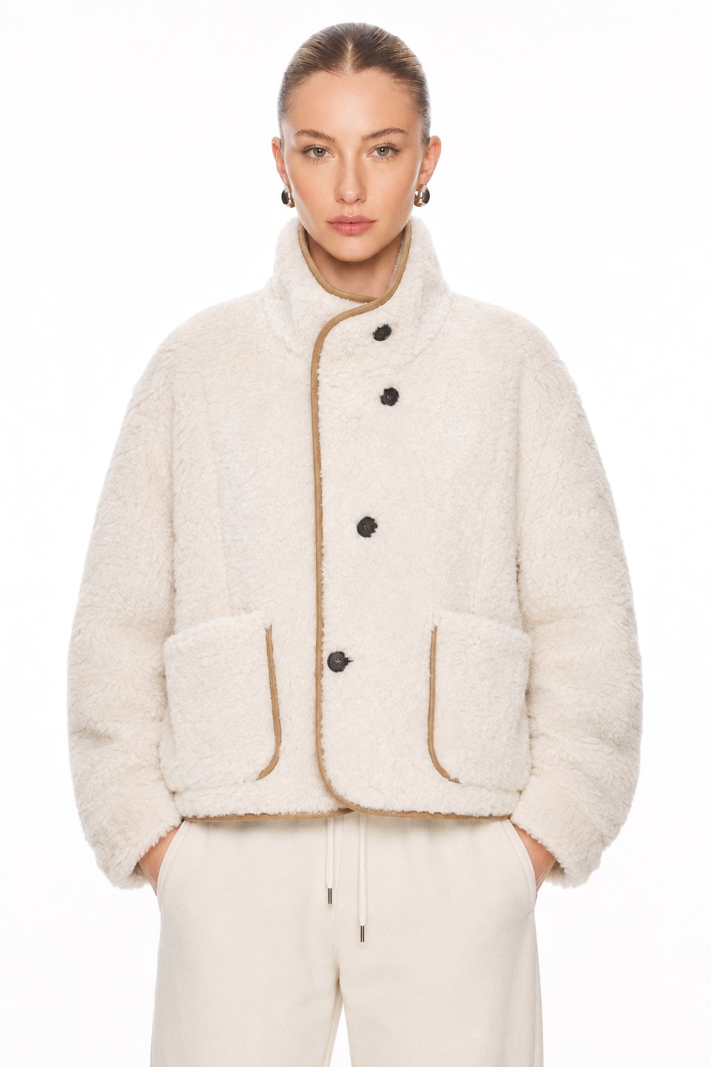 Sunzel Womens Reversible Sherpa Coat, Camel Suede Look Short Trench Outerwear, Stand Collar Button Front Jacket with Pockets