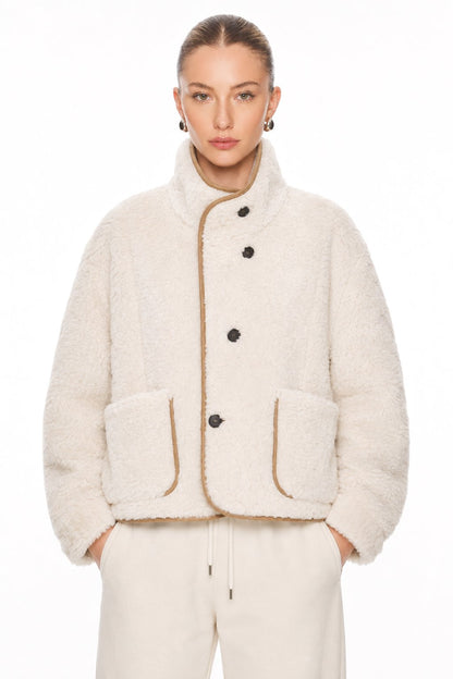 Sunzel Womens Reversible Sherpa Coat, Camel Suede Look Short Trench Outerwear, Stand Collar Button Front Jacket with Pockets
