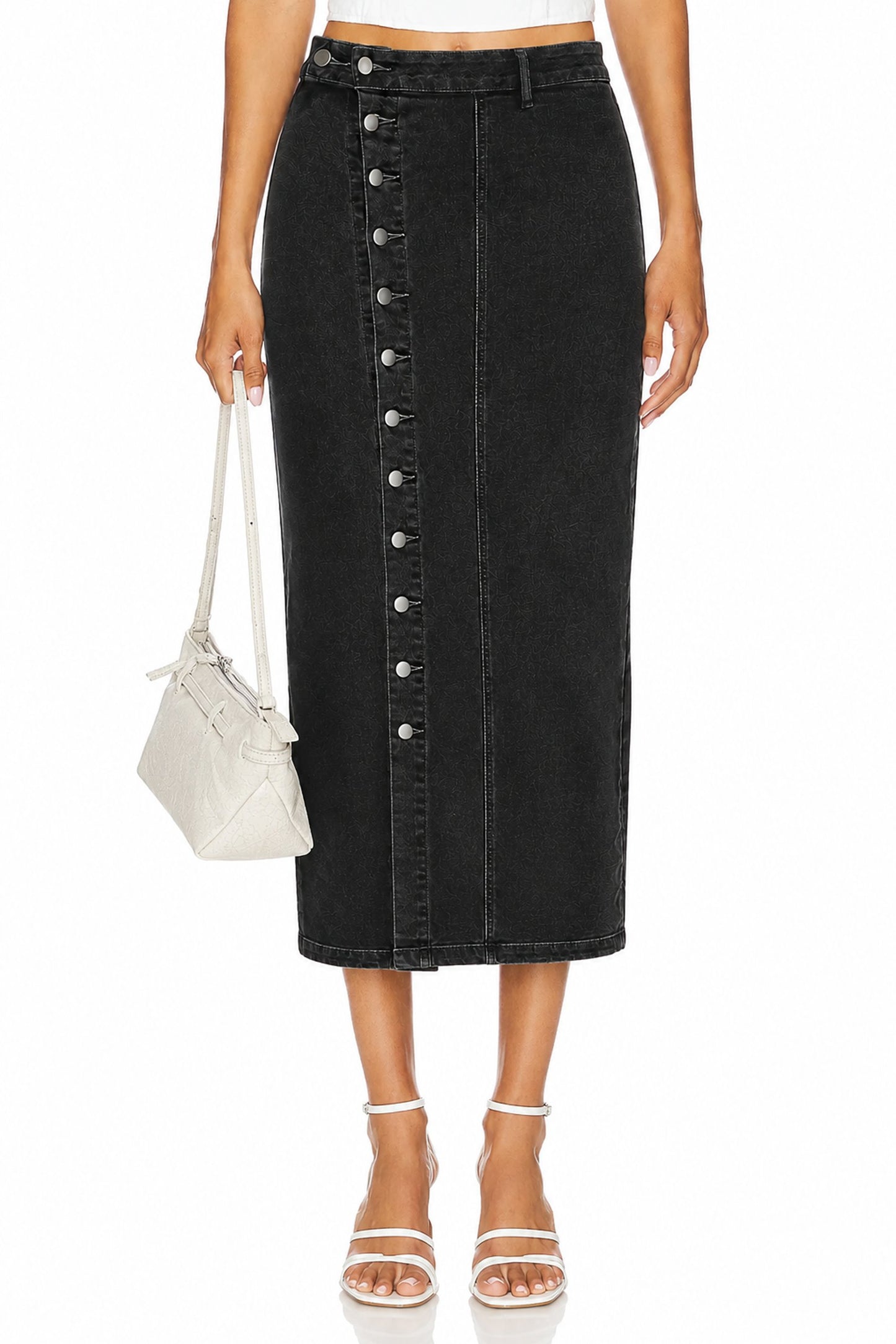 Sunzel Women's High Waisted Denim Maxi Skirt Button Front Side Slit Jean Skirt, Black Washed Fitted Long Denim Pencil Skirt for Fall Going Out