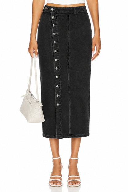 Sunzel Women's High Waisted Denim Maxi Skirt Button Front Side Slit Jean Skirt, Black Washed Fitted Long Denim Pencil Skirt for Fall Going Out