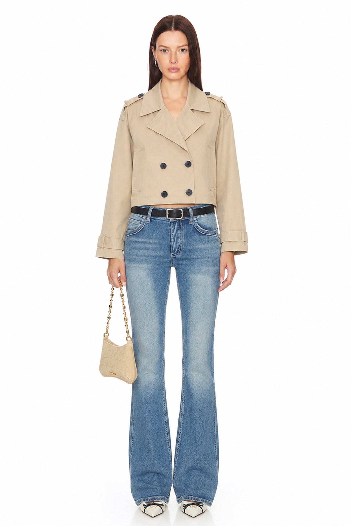 Sunzel Womens Cropped Trench Coat, Khaki Double Breasted Short Trench Jacket, Lapel Collar Long Sleeve Fall Outerwear with Button Cuffs