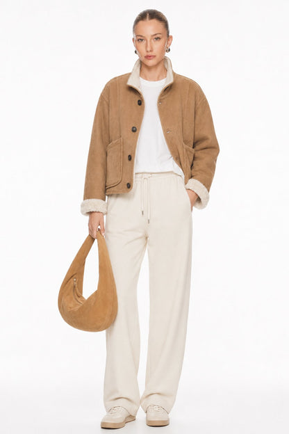 Sunzel Womens Reversible Sherpa Coat, Camel Suede Look Short Trench Outerwear, Stand Collar Button Front Jacket with Pockets