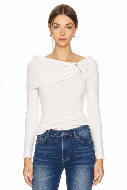 Sunzel Womens Off Shoulder Tops Bow Detail Long Sleeve Knit Shirt Smoothing Fitted Spring Summer Going Out Blouse