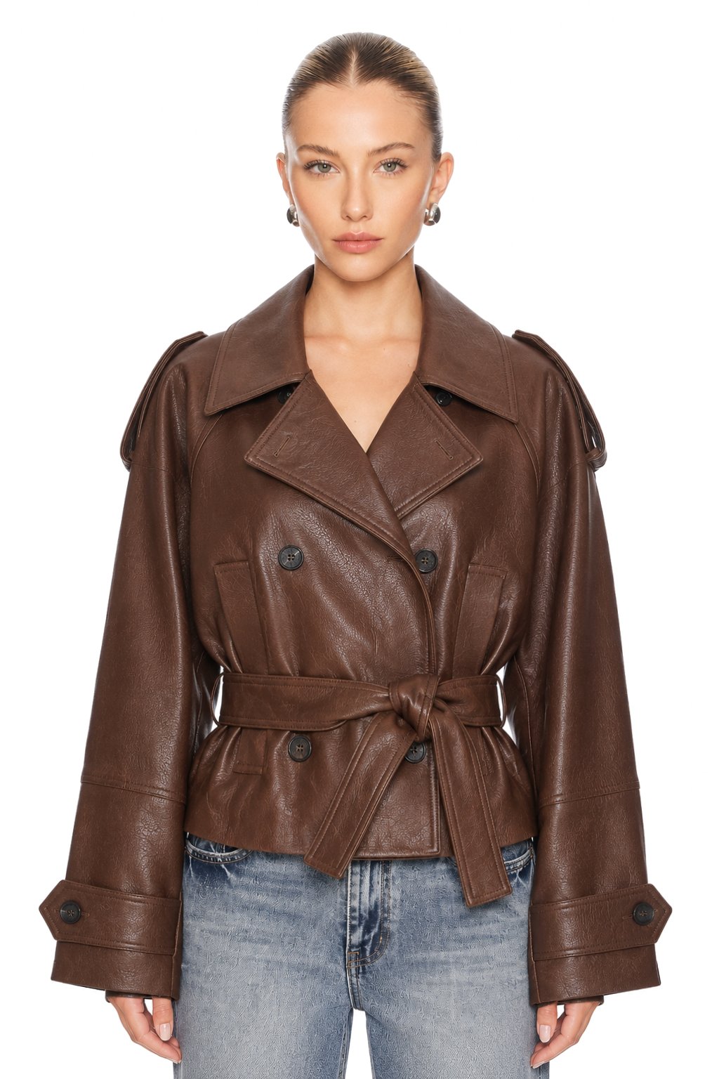 Sunzel Womens Faux Leather Jacket Cropped Belted Trench Coat, Brown Oversized Moto Outerwear with Lapel Collar Pockets for Fall