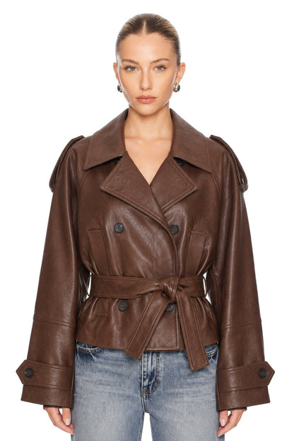 Sunzel Womens Faux Leather Jacket Cropped Belted Trench Coat, Brown Oversized Moto Outerwear with Lapel Collar Pockets for Fall