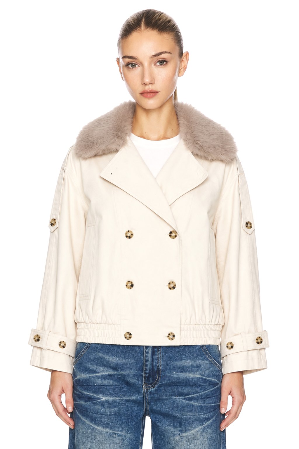 Sunzel Womens Faux Fur Collar Short Jacket Beige Double Breasted Cropped Coat Long Sleeve Fall Outerwear with Pockets