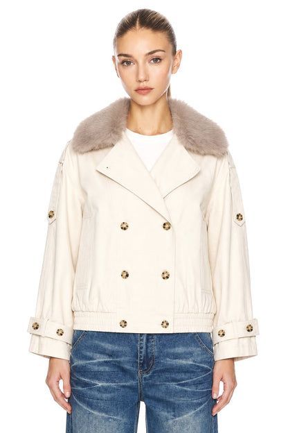 Sunzel Womens Faux Fur Collar Short Jacket Beige Double Breasted Cropped Coat Long Sleeve Fall Outerwear with Pockets