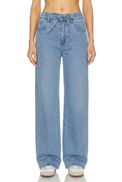 Sunzel Womens Drawstring Wide Leg Jeans High Waisted Elastic Waist Denim Pants with Pockets
