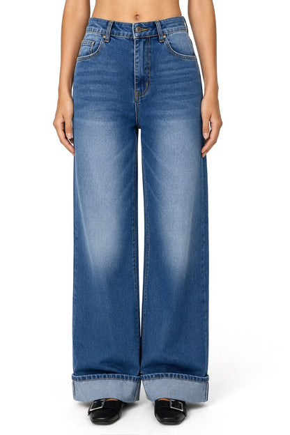 Sunzel Womens Rolled Cuff Wide Leg Jeans High Waisted Denim Pants Pocket Smoothing Casual Cropped Straight Jeans