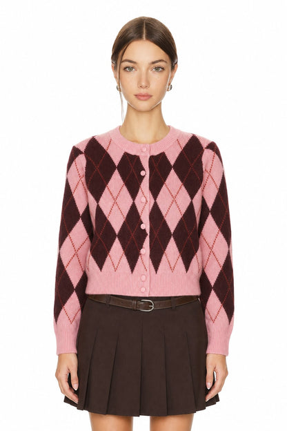 Sunzel Womens Sweater Coat Argyle Knit Cardigan Round Neck Button Down Long Sleeve Fall Winter Preppy Casual Jacket
