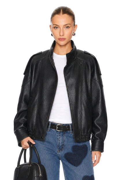 Sunzel Womens Faux Leather Bomber Jacket Moto Zip Up Coat Stand Collar, Oversized PU Leather Short Fall Winter Outerwear with Pockets