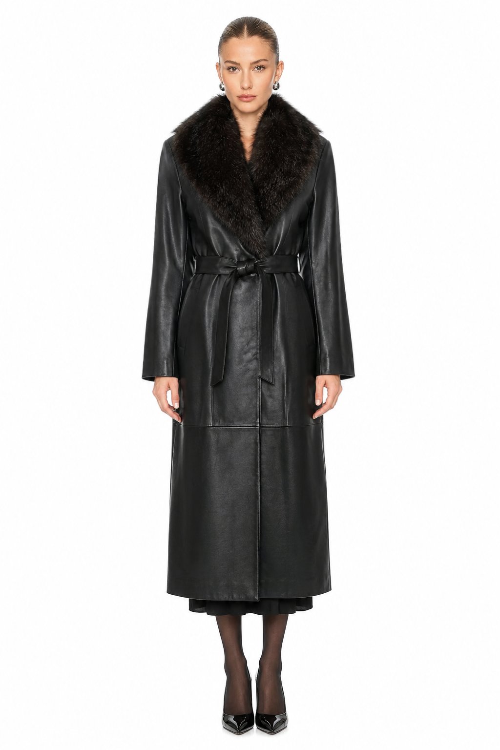 Sunzel Women Black Faux Leather Coat Faux Fur Collar Belted Longline Winter Overcoat with Pockets