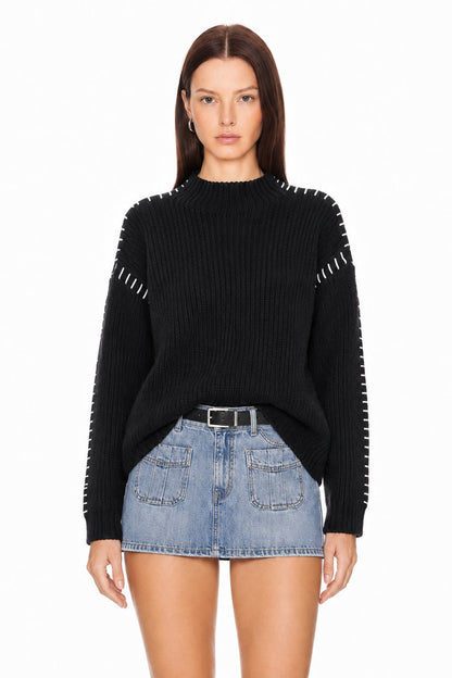 Sunzel Womens Chunky Knit Pullover Sweater Mock Neck Contrast Stitch Long Sleeve Loose Fall Winter Top