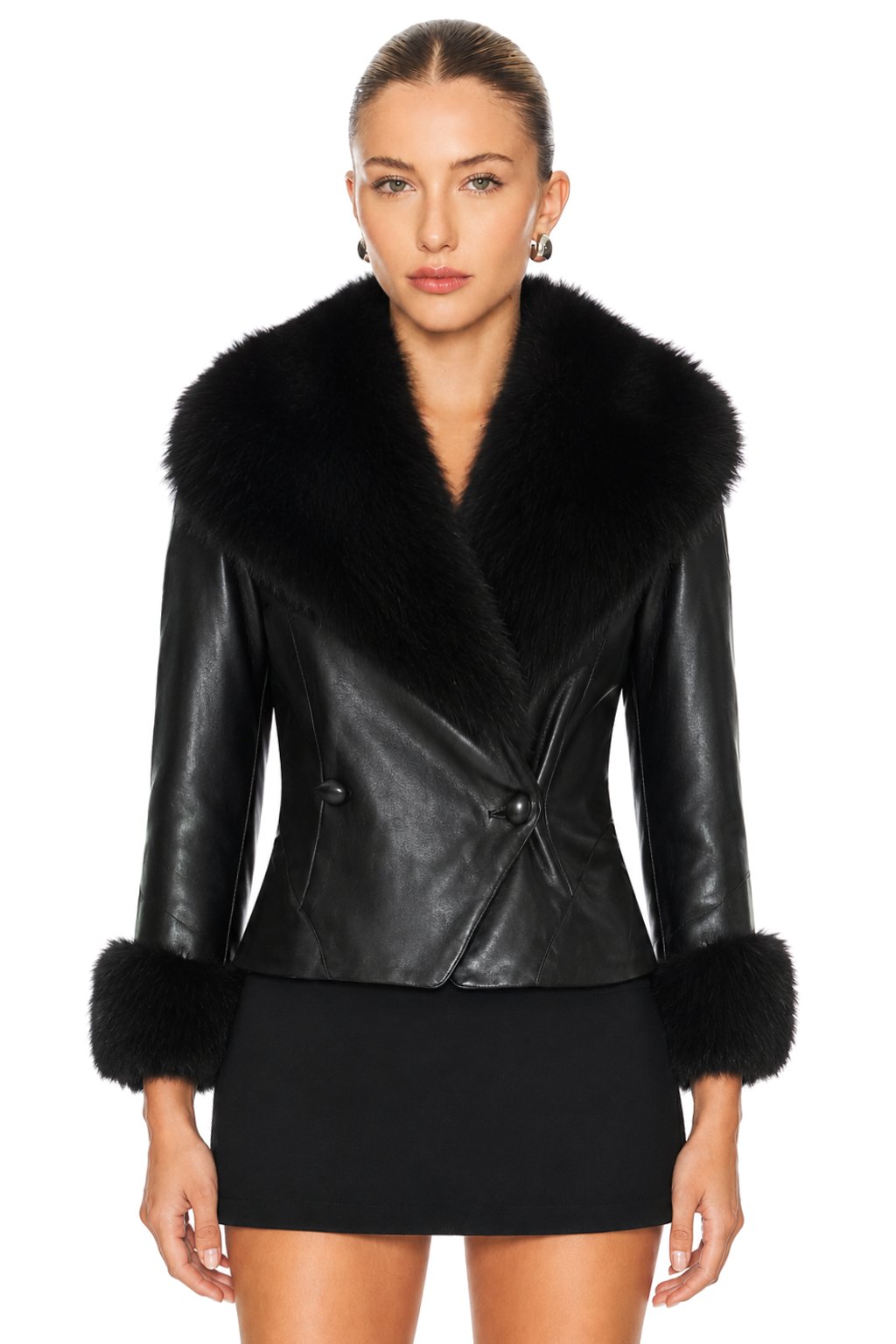 Sunzel Womens Faux Leather Jacket Faux Fur Collar Cuffs Lace Up Back, Cropped PU Leather Coat Button Front Dressy Winter Going Out Outerwear