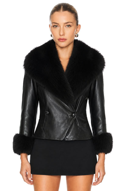 Sunzel Womens Faux Leather Jacket Faux Fur Collar Cuffs Lace Up Back, Cropped PU Leather Coat Button Front Dressy Winter Going Out Outerwear
