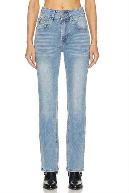 Sunzel Womens Mid Rise Straight Leg Jeans Light Wash Denim Pants with Flap Back Pockets