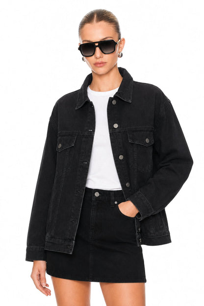 Sunzel Womens Oversized Denim Jacket Button Down Jean Trucker Jacket with Pockets Fall Casual Coat
