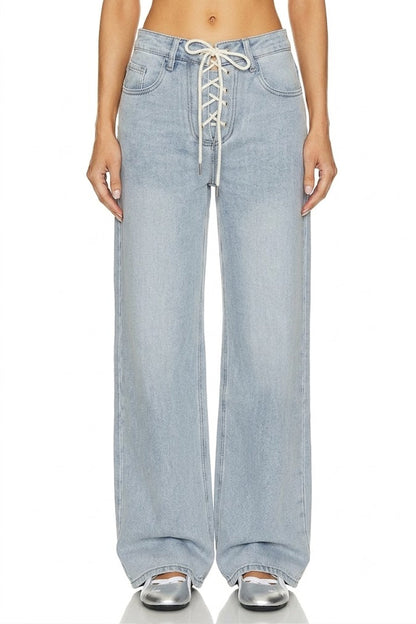 Sunzel Womens Lace Up Front Wide Leg Jeans High Waisted Denim Pants, Light Wash Loose Straight Jeans with Pockets Vintage Streetwear