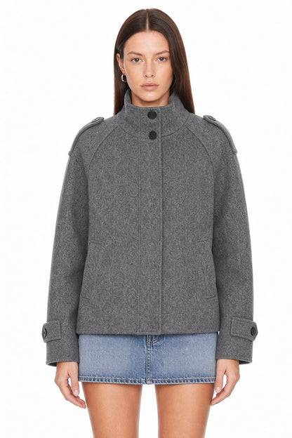 Sunzel Womens Gray Wool Look Jacket Stand Collar Short Coat, Single Breasted Long Sleeve Winter Outerwear with Pockets, Dressy Casual Fall Jacket