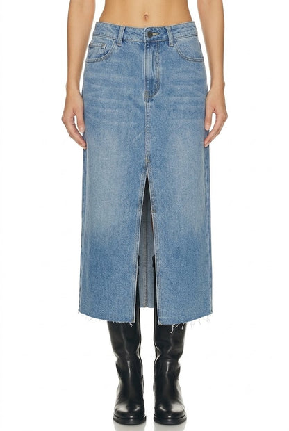 Sunzel Womens Denim Midi Skirt High Waisted Jean Skirt, Front Slit A Line Long Denim Skirt with Pockets Raw Hem Fall Outfit