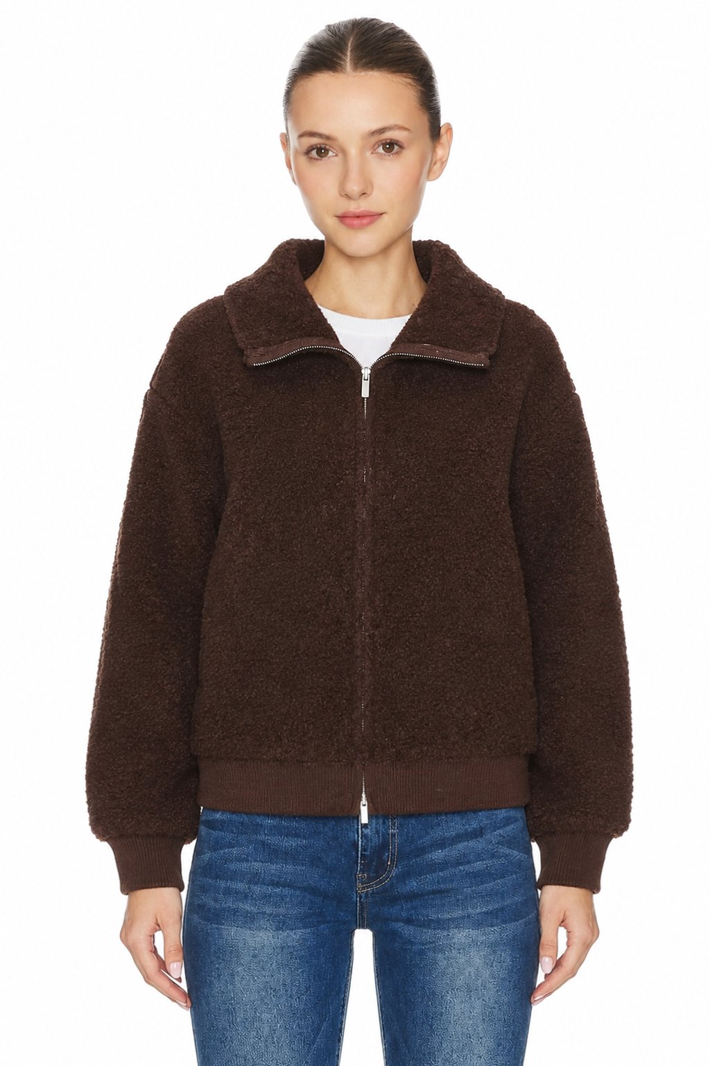 Sunzel Womens Fuzzy Fleece Bomber Jacket Zip Up Sherpa Collar Long Sleeve Warm Fall Winter Casual Outerwear