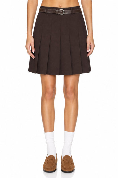 Sunzel Women's Belted Pleated Mini Skirt A Line Skirt, Brown Preppy Y2K School Girl Casual Going Out Skirt