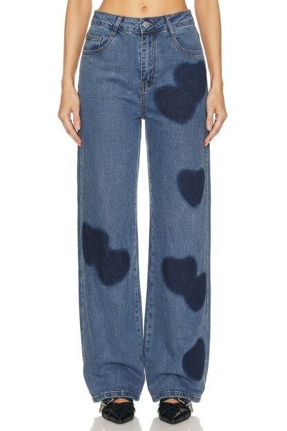 Sunzel Womens Heart Patch Wide Leg Jeans High Waisted Baggy Denim Pants Y2K Vintage Casual