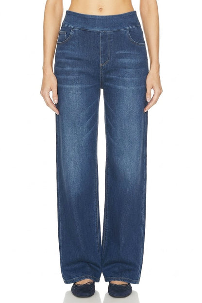 Sunzel Womens Wide Leg Denim Pants Pull On Jeans, High Waist Elastic Waist Stretch Palazzo Jeans with Pockets