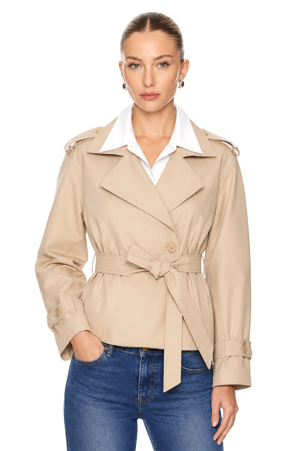Sunzel Womens Beige Short Trench Coat Belted Lapel Button Front Fall Jacket with Pockets