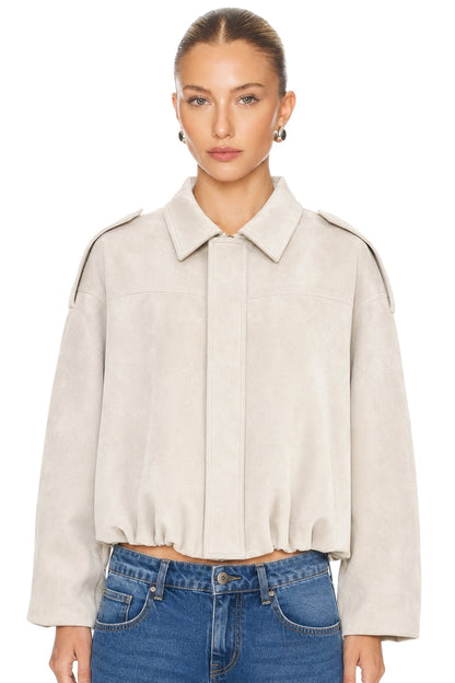 Sunzel Womens Faux Suede Bomber Jacket Cream Zip Up Cropped Coat, Collared Long Sleeve Fall Outerwear with Pockets